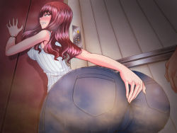 Rule 34 | 1boy, 1girl, artist request, ass, blush, denim, elevator, fart, from behind, jeans, pants, red hair