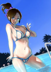 Rule 34 | 1girl, bikini, breasts, brown hair, glasses, highres, large breasts, micro bikini, navel, nipples, open mouth, original, partially visible vulva, ponytail, pool, purple eyes, short hair, smile, solo, swimsuit, twinpoo, water
