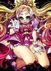 Rule 34 | 1girl, :d, bare legs, black background, blonde hair, bow, choker, close-up, commentary, cure flora, earrings, floating hair, flower earrings, gloves, go! princess precure, green eyes, haruno haruka, high heels, jewelry, long hair, looking at viewer, magical girl, multicolored hair, open mouth, petals, pink hair, pink skirt, precure, puffy short sleeves, puffy sleeves, reaching, reaching towards viewer, senmu (0107), shiny skin, short sleeves, simple background, skirt, smile, solo, squatting, streaked hair, thick eyebrows, thick thighs, thighs, tiara, two-tone hair, very long hair, waist bow, white gloves