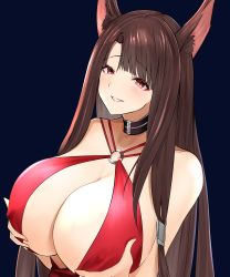 Rule 34 | 1girl, absurdres, akagi (azur lane), akagi (ruby-laced beauty) (azur lane), alternate breast size, animal ears, azur lane, bad id, bad pixiv id, blue background, blush, breast hold, breasts, brown hair, center opening, cleavage, closed mouth, commentary, covered erect nipples, criss-cross halter, detached collar, dress, fox ears, halterneck, highres, huge breasts, lips, long hair, looking at viewer, o-ring, o-ring dress, official alternate costume, parted bangs, red dress, red eyes, simple background, smile, solo, straight hair, upper body, yomare