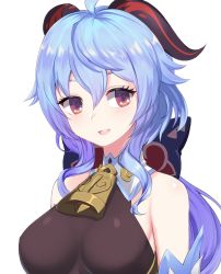 Rule 34 | 1girl, absurdres, ahoge, bare shoulders, bell, blue hair, blush, bow, bowtie, breasts, detached sleeves, ganyu (genshin impact), genshin impact, goat horns, highres, horns, large breasts, long hair, nanju bami, neck bell, open mouth, purple eyes, sidelocks, smile, solo, white background