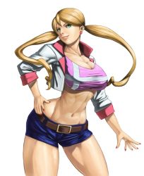 Rule 34 | 1girl, belt, blonde hair, breasts, cleavage, crop top, earrings, green eyes, groin, gundam, gundam tekketsu no orphans, hand on own hip, heart earrings, jewelry, lafter frankland, large breasts, long hair, looking at viewer, muscular, muscular female, nail polish, navel, shinonome (game hakkutsu tai), short shorts, shorts, simple background, smile, solo, thighs, toned, twintails, white background