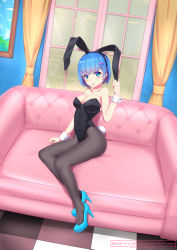 Rule 34 | 10s, 1girl, alternate costume, animal ears, arm at side, artist name, bare shoulders, black leotard, black pantyhose, blue eyes, blue footwear, blue hair, blush, bob cut, breasts, checkered floor, cleavage, copyright name, couch, curtains, door, dutch angle, eyebrows, fake animal ears, floor, framed, full body, hair ornament, hairband, hairclip, hand on own ear, high heels, indoors, leotard, looking at viewer, matching hair/eyes, medium breasts, on couch, painting (object), pantyhose, picture frame, playboy bunny, pulling own ear, rabbit ears, rabbit tail, re:zero kara hajimeru isekai seikatsu, rem (re:zero), shoes, short hair, sitting, sky, solo, strapless, strapless leotard, tail, violetsang, wall, wrist cuffs, x hair ornament