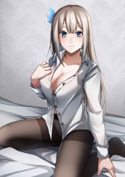 Rule 34 | 1girl, absurdres, black pantyhose, blonde hair, blue eyes, breasts, cleavage, collarbone, flower, hair flower, hair ornament, hand on breast, highres, large breasts, lexington (warship girls r), long hair, looking at viewer, lubikaya, open clothes, open shirt, panties, pantyhose, seiza, shirt, simple background, sitting, smile, solo, spread legs, underwear, warship girls r, white shirt