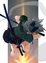 Rule 34 | 1girl, aiming, aiming at viewer, artist name, black footwear, black ribbon, black skirt, blood, commentary, covered mouth, cuts, fighting stance, full body, glowing, glowing eye, gotou (nekocat), gradient background, green shirt, grey background, hair ribbon, highres, hitodama, holding, holding sword, holding weapon, injury, jumping, katana, konpaku youmu, konpaku youmu (ghost), light trail, looking at viewer, miniskirt, orange background, ready to draw, red eyes, ribbon, sheath, sheathed, shirt, shoes, short hair, short sleeves, short sword, signature, silver hair, skirt, solo, sword, tantou, thighs, touhou, two-tone background, v-shaped eyebrows, weapon, white background