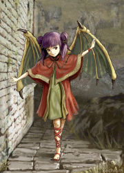 Rule 34 | 1girl, bachium, brick wall, dragon girl, dragon wings, dress, fire emblem, fire emblem: the sacred stones, fire emblem heroes, highres, looking to the side, myrrh (fire emblem), nintendo, purple hair, red dress, red eyes, red shawl, red wristband, sandals, shawl, smile, twintails, walking, wings