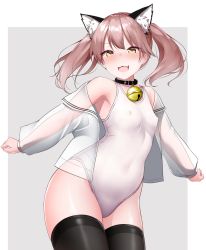 Rule 34 | 1girl, :3, animal collar, animal ear fluff, animal ears, bell, breasts, brown hair, cat ears, collar, commentary request, contrapposto, covered erect nipples, covered navel, cowboy shot, fang, highres, jingle bell, kantai collection, kirigakure (kirigakure tantei jimusho), off shoulder, one-piece swimsuit, ryuujou (kancolle), see-through, see-through shirt, skin fang, small breasts, solo, swimsuit, thighhighs, twintails, white one-piece swimsuit, yellow eyes