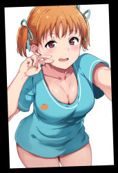Rule 34 | 10s, 1girl, alp, alternate hairstyle, black border, blue ribbon, blue shirt, blush, border, breasts, cleavage, collarbone, hair ribbon, large breasts, leaning forward, looking at viewer, love live!, love live! sunshine!!, no pants, orange print, print shirt, reaching, reaching towards viewer, red eyes, ribbon, selfie, shirt, short sleeves, solo, t-shirt, takami chika, twintails, v, white background