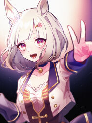 Rule 34 | 1girl, animal ears, blurry, breasts, collarbone, cropped jacket, depth of field, grey hair, hair ornament, hairclip, happy meek (umamusume), highres, horse ears, jacket, maigo (user xkwr8585), open clothes, open jacket, open mouth, outstretched arm, pendant choker, pink eyes, red jacket, red vest, shirt, short hair, small breasts, smile, solo, starting future (umamusume), sweat, umamusume, upper body, v, vest, white shirt