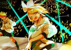 Rule 34 | 1boy, 1girl, ahoge, audience, blonde hair, blue eyes, blush, bow, brother and sister, concert, dancing, fang, glowstick, hair bow, hair ornament, hairclip, headphones, headset, highres, hood, hoodie, kagamine len, kagamine rin, laser, looking to the side, nokodaru marin, open mouth, short hair, short ponytail, shorts, siblings, skin fang, stage, stage lights, sweatdrop, twins, vocaloid, white hoodie