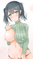 Rule 34 | 10s, 1girl, absurdres, arykei, black hair, blush, breast slip, breasts, breasts out, female pubic hair, green eyes, heart, heart-shaped pupils, highres, kantai collection, large breasts, looking at viewer, navel, nipples, one breast out, panties, pubic hair, puffy nipples, ribbed sweater, smile, solo, souryuu (kancolle), sweater, symbol-shaped pupils, turtleneck, twintails, underwear