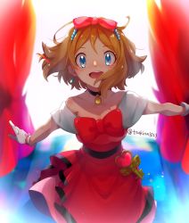Rule 34 | 1girl, absurdres, artist name, black choker, blue eyes, bow, choker, collarbone, commentary request, creatures (company), dress, earrings, eyelashes, game freak, gloves, hair bow, heart, highres, jewelry, looking at viewer, natsuki (kitsutsuki), nintendo, open mouth, orange hair, outstretched arms, pink dress, pokemon, pokemon (anime), pokemon xy (anime), red bow, serena (pokemon), short hair, solo, teeth, tongue, white gloves