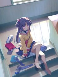 Rule 34 | 1girl, akayama yukihe, backlighting, bare legs, barefoot, black socks, blue hair, blue skirt, blush, book, breast hold, breasts, clannad, commentary request, from above, full body, hair bobbles, hair ornament, highres, hikarizaka private high school uniform, holding, holding book, ichinose kotomi, indoors, jacket, kneehighs, knees up, long hair, long sleeves, looking at viewer, mary janes, medium breasts, miniskirt, parted bangs, parted lips, pleated skirt, purple eyes, sailor collar, school uniform, serafuku, shoes, sitting, sitting on stairs, skirt, socks, solo, stairs, toes, two side up, unworn shoes, unworn socks, white footwear, white sailor collar, window, yellow jacket