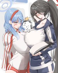 Rule 34 | 1boy, 2girls, absurdres, ako (blue archive), anger vein, doodle sensei (blue archive), asymmetrical docking, black choker, black hair, blue archive, blue eyes, blue hair, blue jacket, blush, breast press, breasts, choker, cleavage, eye contact, gym uniform, hair between eyes, hairband, halo, hasumi (blue archive), hasumi (track) (blue archive), highres, horin, huge breasts, jacket, long sleeves, looking at another, medium hair, multicolored clothes, multicolored jacket, multiple girls, official alternate costume, ponytail, red eyes, red hairband, sensei (blue archive), track jacket, two-tone jacket, whistle, whistle around neck, white jacket