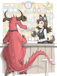 Rule 34 | 1girl, :d, animal ears, black dress, blush, bottle, cartoon bone, clock, coffee, commentary request, cup, dog ears, dog girl (doitsuken), dog tail, doitsuken, dragon, dress, egg, eye contact, fang, highres, holding, horns, long sleeves, looking at another, monster, one eye closed, open mouth, original, plant, pot, potted plant, bar (place), sitting, smile, stool, tail, teacup, tray, waitress, wall clock