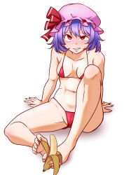 Rule 34 | 1girl, arm support, banana, bare shoulders, barefoot, between toes, bikini, blue hair, blush, bow, breasts, cameltoe, cleft of venus, collarbone, commentary request, covered erect nipples, feet, fingernails, food, foot focus, fruit, hat, hat bow, highres, holding, holding food, holding with feet, looking at viewer, medium breasts, mob cap, navel, on floor, parted lips, pink hat, prehensile toes, red bikini, red bow, red eyes, remilia scarlet, sexually suggestive, shiraue yuu, short hair, sitting, solo, sweatdrop, swimsuit, teeth, toenails, toes, touhou, uneven eyes, white background