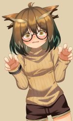 Rule 34 | 1girl, ahoge, arknights, beige sweater, black shorts, blush, breasts, brown background, brown hair, cowboy shot, dutch angle, feather hair, glasses, hands up, highres, long sleeves, looking at viewer, monn itsu, open mouth, ribbed sweater, semi-rimless eyewear, short hair, shorts, silence (arknights), simple background, small breasts, solo, sweat, sweater, turtleneck, turtleneck sweater, under-rim eyewear, yellow eyes