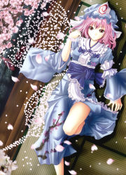 Rule 34 | 1girl, barefoot, cherry blossoms, dress, female focus, flower, hat, indoors, japanese clothes, oimari, pink hair, plant, red eyes, saigyouji yuyuko, short hair, solo, touhou
