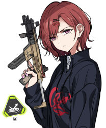 Rule 34 | 1girl, apex legends, arm at side, asymmetrical bangs, black shirt, breasts, closed mouth, commentary, frown, furrowed brow, glaring, gun, hair ornament, hairclip, hand up, high collar, highres, higuchi madoka, holding, holding gun, holding weapon, idolmaster, idolmaster shiny colors, long sleeves, looking at viewer, mole, mole under eye, nakamura rohane, pink eyes, r-99 smg, shirt, shirt under shirt, short hair, simple background, small breasts, solo, submachine gun, trigger discipline, upper body, weapon, white background, white shirt