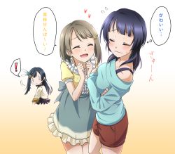 Rule 34 | !, 3girls, afterschool school idol (love live!), aqua flower, aqua rose, aqua sweater, artist name, artist request, asaka karin, back bow, bare legs, bare shoulders, beige jacket, black hair, blue hair, blue neckwear, blush, bow, bowtie, breasts, brown hair, brown jacket, brown pants, brown shorts, buttons, center frills, chase (love live!), check translation, checkered clothes, checkered skirt, closed eyes, collarbone, collared shirt, commentary request, crescent, crescent hair ornament, cropped jacket, crossed arms, dark blue hair, dress, dress shirt, feather hair ornament, feathers, female focus, flower, flower print, frilled dress, frilled shirt collar, frilled skirt, frills, from behind, gloves, green bow, green skirt, grey eyes, grey hair, hair flower, hair ornament, hairclip, half gloves, heart, heart (symbol), jacket, light brown hair, light brown jacket, long hair, looking at viewer, looking back, love live!, love live! nijigasaki high school idol club, love live! school idol festival, medium breasts, miniskirt, multiple girls, nakasu kasumi, necktie, nervous smile, nijigasaki academy school uniform, pants, parted lips, pink neckwear, plaid, plaid dress, plaid skirt, pleated, pleated dress, pleated skirt, ponytail, puffy short sleeves, puffy sleeves, red bow, red neckwear, rose, school uniform, shirt, short hair, short sleeves, shorts, side ponytail, skirt, small breasts, smile, sparkle-shaped pupils, speech bubble, star (symbol), star hair ornament, sweat, sweatdrop, sweater, translated, translation request, undershirt, upper body, white background, white feathers, white gloves, white shirt, yellow dress, yellow flower, yellow jacket, yellow rose, yuki setsuna (love live!)