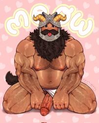 Rule 34 | 1boy, :p, animal ears, bara, beard, belly, brown hair, cat boy, cat ears, cat tail, clothing aside, dungeon meshi, dwarf, erection, facial hair, fake horns, fat, fat man, full beard, full body, fundoshi, fundoshi aside, hairy, heart, heart background, helmet, highres, horned helmet, horns, japanese clothes, kemonomimi mode, kneeling, large pectorals, long beard, looking at viewer, male focus, mature male, meowing, momo (imaboii666), muscular, muscular male, mustache, navel, navel hair, nipples, pectorals, penis, pink background, senshi (dungeon meshi), solo, sparse arm hair, stomach, tail, thick beard, thick chest hair, thick leg hair, thick mustache, thick navel hair, thick thighs, thighs, tongue, tongue out, uncensored, veins, veiny penis, very hairy