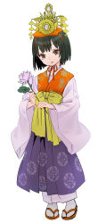 Rule 34 | 1girl, :|, ama-tou, black hair, brown eyes, closed mouth, crown, expressionless, eyelashes, eyeliner, festival, floral print, flower, hakama, hakama skirt, head tilt, highres, holding, holding flower, japanese clothes, kimono, lipstick, long sleeves, looking at viewer, makeup, original, pink flower, red lips, sandals, sanpaku, short hair, simple background, skirt, socks, solo, standing, tabi, traditional clothes, tsurime, tulip, white background, wide sleeves, zouri