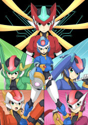 Rule 34 | 1girl, absurdres, abyss arts, aile (mega man zx), arm cannon, armor, black bodysuit, blonde hair, blue helmet, blue jacket, bodysuit, bodysuit under clothes, breasts, brown hair, cropped jacket, eye mask, fins, forehead jewel, full body, glowing, glowing jewelry, green eyes, green helmet, green jacket, head fins, highres, holding, holding cannon, holding polearm, holding weapon, jacket, kuji-in, long hair, medium breasts, mega man (series), mega man zx, model fx (mega man), model hx (mega man), model lx (mega man), model px (mega man), model x (mega man), model zx (mega man), multiple views, one eye covered, open clothes, open jacket, orange helmet, orange jacket, over shoulder, polearm, power armor, purple helmet, purple jacket, red helmet, red jacket, shaded face, short hair, upper body, weapon, weapon over shoulder, white helmet