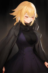Rule 34 | 1girl, 2018, artnohearts, black background, blonde hair, blush, braid, breasts, buttons, chain, closed eyes, fate (series), jeanne d&#039;arc (fate), jeanne d&#039;arc (ruler) (fate), large breasts, solo, standing