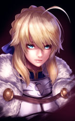 Rule 34 | 1girl, ahoge, armor, artoria pendragon (all), artoria pendragon (fate), blonde hair, blue eyes, blue ribbon, commentary request, dark background, dress, expressionless, face, fate/grand order, fate (series), fur trim, gradient background, green eyes, hair between eyes, hair ribbon, looking at viewer, re (re 09), ribbon, saber (fate), simple background, solo