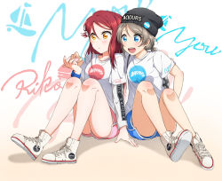 Rule 34 | 2girls, :d, :o, absurdres, alternate hairstyle, arm around shoulder, backpack, badge, bag, beanie, black headwear, blue eyes, blue shorts, blush, button badge, character name, clothes writing, dolphin shorts, grey hair, group name, gym shorts, hair between eyes, hair ornament, hairclip, hat, headwear writing, high tops, highres, layered sleeves, long hair, long sleeves, love live!, love live! sunshine!!, multiple girls, open mouth, pink shorts, red hair, sakurauchi riko, shirt, shoes, short over long sleeves, short shorts, short sleeves, short twintails, shorts, sitting, smile, sneakers, sweatband, t-shirt, twintails, watanabe you, white footwear, white shirt, yellow eyes, yuchi (salmon-1000), yuri