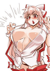 Rule 34 | 1girl, alternate hair color, areola slip, black panties, blunt bangs, blush, bow, breasts, bursting breasts, clothes pull, collared shirt, covered erect nipples, cowboy shot, d:, emphasis lines, eyes visible through hair, fujiwara no mokou, hair bow, heiseikorotaisei, hip focus, large breasts, no bra, open mouth, panties, pants, pants pull, pantyshot, pink hair, red eyes, red pants, shiny skin, shirt, simple background, solo, standing, surprised, suspenders, sweatdrop, thigh gap, thighs, touhou, underwear, white background, white shirt