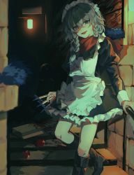 Rule 34 | 1girl, :d, absurdres, apron, black dress, black footwear, blood, blood on clothes, blood on ground, bloody knife, blue eyes, boots, bow, braid, commentary request, dress, evil smile, foot out of frame, frilled skirt, frills, grey hair, hair between eyes, hair bow, high heel boots, high heels, highres, holding, holding knife, izayoi sakuya, juliet sleeves, knife, long sleeves, looking at viewer, maid, maid apron, maid headdress, medium hair, open mouth, puffy sleeves, red scarf, scarf, skirt, smile, solo, stairs, standing, standing on one leg, touhou, twin braids, yanfei u