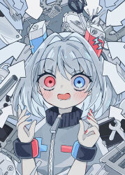 Rule 34 | 1girl, absurdres, arrow (symbol), black bracelet, blue eyes, blue nails, blush, coil, commentary, dot nose, english commentary, fork, game boy, gears, grey jacket, hair intakes, handheld game console, heterochromia, highres, jacket, key, knife, lock, lower teeth only, magnet, medium hair, melonbread, minus sign, nail, open mouth, original, plus sign, red eyes, red nails, scissors, solo, teeth, television, track jacket, tube, white hair, wrench, zipper