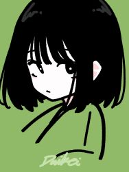 Rule 34 | 1girl, black eyes, black hair, bob cut, daikei 625, green background, highres, looking at viewer, original, signature, simple background, solo, upper body
