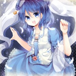 Rule 34 | 1girl, arms up, bad id, bad pixiv id, belt, blue dress, blue eyes, blue hair, dress, female focus, flower, gradient background, hair ornament, hair rings, hair stick, hanaon, highres, kaku seiga, matching hair/eyes, open mouth, plant, shawl, smile, solo, sparkle, touhou, vest