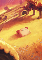Rule 34 | absurdres, autumn, autumn leaves, closed eyes, closed mouth, highres, kirby, kirby (series), lying, nintendo, on back, outdoors, scenery, sleeping, sunset, suyasuyabi, tree