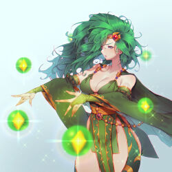 Rule 34 | 1girl, bare shoulders, bead belt, breasts, bridal gauntlets, cape, circlet, cleavage, commentary, detached sleeves, elufae, english commentary, eyelashes, final fantasy, final fantasy iv, furisode sleeves, gem, gloves, green cape, green gloves, green hair, green leotard, green sleeves, green thighhighs, hands up, highres, jewelry, large breasts, leotard, long hair, long sleeves, magic, orb, outstretched arms, parted lips, pelvic curtain, red gemstone, rydia (ff4), sash, solo, sparkle, thighhighs, thighs, wide sleeves, yellow sash