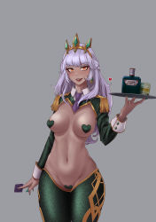 Rule 34 | 1girl, :d, absurdres, alcohol, bottle, breasts, cel da lin, condom, cowboy shot, dark-skinned female, dark skin, glass, green legwear, grey background, hair ornament, hand up, heart pasties, highres, holding, holding condom, holding tray, large breasts, league of legends, lips, long hair, long sleeves, looking at viewer, meme attire, nail polish, navel, necktie, open mouth, pasties, purple necktie, qiyana (league of legends), reverse bunnysuit, reverse outfit, shiny skin, short necktie, simple background, smile, solo, teeth, tray
