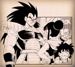Rule 34 | &gt;:(, 1girl, 2boys, :/, alternate universe, angry, armor, artist name, back-to-back, black dress, black eyes, black hair, border, box, bracelet, chair, chi-chi (dragon ball), child, clenched teeth, commentary request, dragon ball, dragonball z, dress, earrings, eyelashes, facing viewer, fenyon, fingernails, from behind, frown, gift, gift box, hair bun, hand on own hip, hand up, highres, holding, holding box, holding gift, holding pencil, index finger raised, jewelry, long hair, looking at another, looking down, looking up, monkey tail, monochrome, mother and son, multiple boys, muscular, nape, neckerchief, nervous, open mouth, outside border, pectorals, pencil, pointing, profile, raditz, saiyan armor, scolding, scouter, sepia, shirt, sidelocks, single hair bun, sitting, sleeveless, sleeveless dress, son gohan, spiked hair, suspenders, sweatdrop, tail, teeth, uncle and nephew, v-shaped eyebrows, very long hair, white shirt, writing