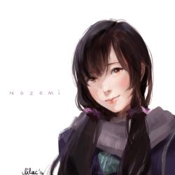 Rule 34 | 10s, 1girl, 2016, artist name, bad id, bad pixiv id, black hair, brown eyes, character name, dated, hair over shoulder, lilaccu, lips, love live!, love live! school idol project, realistic, scarf, solo, tojo nozomi, twintails