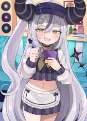 Rule 34 | 1girl, absurdres, alternate costume, apron, black nails, braid, cowboy shot, cropped vest, crow (la+ darknesss), demon girl, demon horns, demon tail, fang, forced smile, hair ornament, hairclip, highres, holding, holding pen, hololive, horns, indoors, la+ darknesss, light blush, long hair, midriff, miniskirt, multicolored hair, navel, nemuta muu, notepad, one side up, open mouth, pen, pencil skirt, pointy ears, purple vest, shirt, skirt, solo, streaked hair, striped clothes, striped vest, sweat, tail, uniform, very long hair, vest, virtual youtuber, visor cap, waitress, white hair, white shirt, yellow eyes