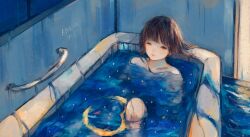 Rule 34 | 1girl, absurdres, bare shoulders, bath, bathing, bathroom, bathtub, brown eyes, brown hair, closed mouth, crescent moon, english text, expressionless, half-closed eyes, highres, indoors, moon, night, night sky, nude, orie h, original, overflowing, overflowing bath, partially submerged, reclining, short hair, sky, solo, star (sky), straight-on, water