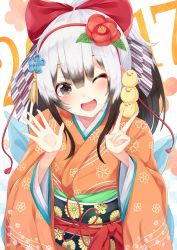 Rule 34 | 1girl, 2017, ;d, animal, animal on shoulder, bird, black hair, blush, brown eyes, chick, chinese zodiac, hair between eyes, hands up, igayan, japanese clothes, kimono, long hair, multicolored hair, new year, obi, on shoulder, one eye closed, open mouth, orange kimono, original, sash, smile, solo, string, string of fate, two-tone hair, upper body, v, white hair, year of the rooster