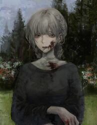 Rule 34 | 1girl, bleeding, blood, blood on clothes, blood on face, blood on hands, braid, brown eyes, closed mouth, grey hair, hands up, highres, injury, jiz (pffbq), long sleeves, looking at viewer, medium hair, nun, original, outdoors, pine tree, solo, traditional nun, tree, upper body