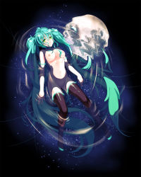Rule 34 | 1girl, android, aqua hair, bad id, bad pixiv id, boots, breasts, green eyes, hatsune miku, highres, hory makoto, long hair, medium breasts, navel, nipples, nude, ripples, solo, thigh boots, thighhighs, twintails, very long hair, vocaloid, water