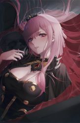 Rule 34 | 1girl, absurdres, bathtub, black cape, black nails, blush, breasts, brooch, cape, cleavage, expressionless, from above, gem, head tilt, highres, hololive, hololive english, jewelry, large breasts, long hair, looking at viewer, lying, mori calliope, nail polish, on back, parted lips, partially submerged, pink hair, red gemstone, skull, solo, spikes, tiara, upper body, very long hair, virtual youtuber, xi-u
