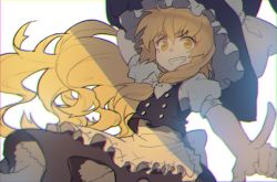 Rule 34 | 1girl, apron, bad id, bad twitter id, blonde hair, blurry, bow, chromatic aberration, fang, frills, g.t, grin, hair bow, hair ornament, hand on headwear, hat, hat bow, kirisame marisa, long hair, looking at viewer, pointing, puffy sleeves, shirt, short sleeves, simple background, skirt, skirt set, smile, smirk, solo, teeth, touhou, vest, waist apron, white background, witch hat, yellow eyes