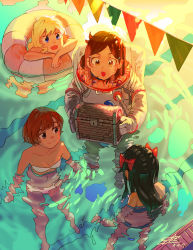 Rule 34 | 4girls, :d, absurdres, afloat, astronaut, bikini, black hair, blonde hair, blue bikini, bow, brown eyes, brown hair, closed mouth, copyright request, dated, freckles, from above, hair bow, helmet, highres, in water, innertube, long hair, multiple girls, navel, open mouth, original, pool, purple eyes, red bow, ryusei hashida, short hair, signature, smile, space helmet, spacesuit, standing, string of flags, sweat, swim ring, swimsuit, treasure chest, white bikini