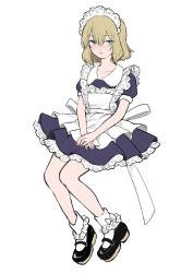 Rule 34 | 10s, 1girl, absurdres, alternate costume, apron, banira (oocooocooocoo), black dress, black footwear, blonde hair, blue eyes, blush, bobby socks, closed mouth, collared dress, commentary, dress, enmaided, frilled apron, frills, full body, girls und panzer, hands on lap, highres, invisible chair, katyusha (girls und panzer), looking at viewer, maid, maid headdress, mary janes, petticoat, puffy short sleeves, puffy sleeves, shoes, short dress, short hair, short sleeves, simple background, sitting, socks, solo, white background, white socks