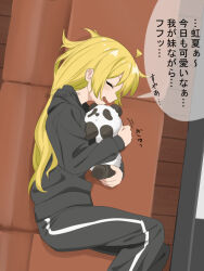 Rule 34 | 1girl, black pants, black sweater, blonde hair, bocchi the rock!, closed eyes, couch, ekaki no shion, from side, highres, holding, holding stuffed toy, ijichi seika, long hair, long sleeves, on couch, open mouth, pants, solo, speech bubble, stuffed animal, stuffed panda, stuffed toy, sweater, translation request, twitter username
